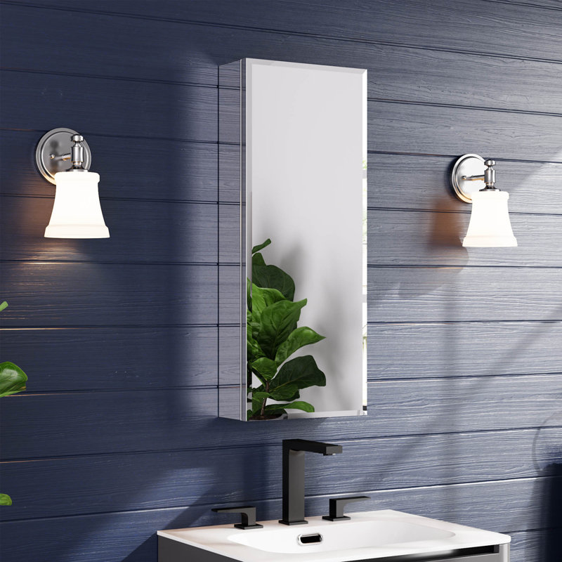 Surface Mount or Recessed Aluminum Medicine Cabinet with Beveled Mirror Door and 3 Adjustable Glass Shelves, 30" H x 12" W
