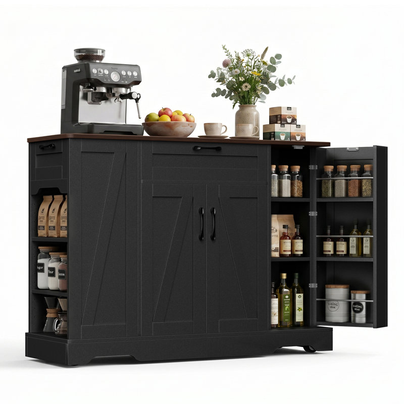 Four-Door Kitchen Island, Kitchen Trolley, Black