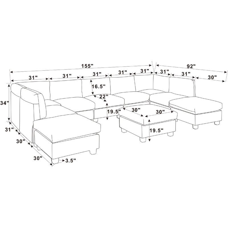 Canapé modulaire réversible de large de 155 po avec repose-pieds Roehl, Bleu foncé