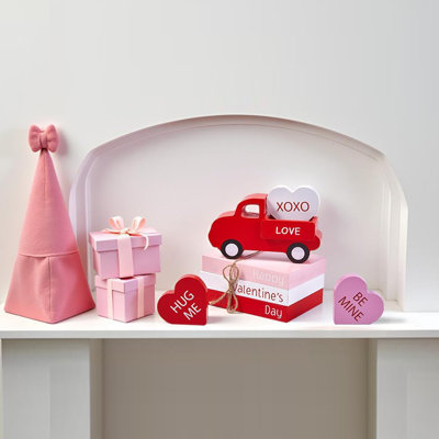Décoration en bois pour la Saint-Valentin, camion rouge et 3 cœurs décoratifs pour la table