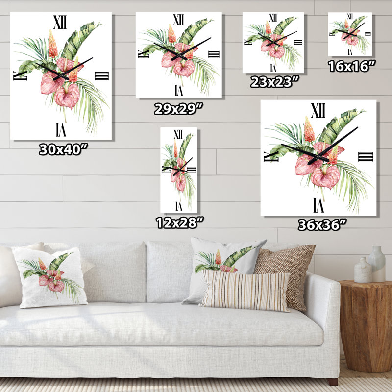 Horloge murale Bouquet tropical avec anthurium lupin et feuilles II, Moyen