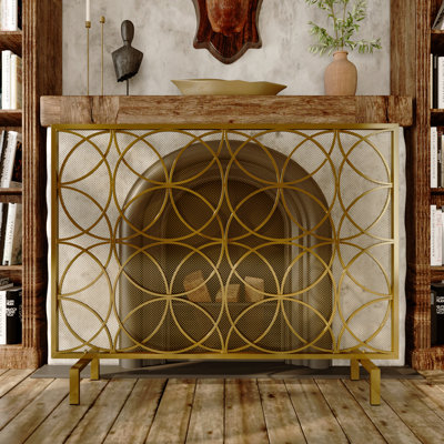 Iron Fireplace Screen With Geometric Design – 40.6" W X 31.5" H, Gold Finish