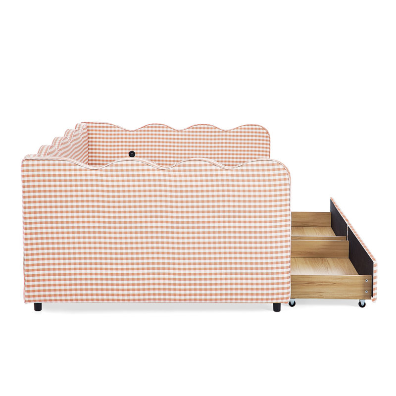 Full Size Cozy Gingham Daybed with Two Storage Drawers, with USB Port and Adorable Wave Shaped, Linen Fabric, Pink