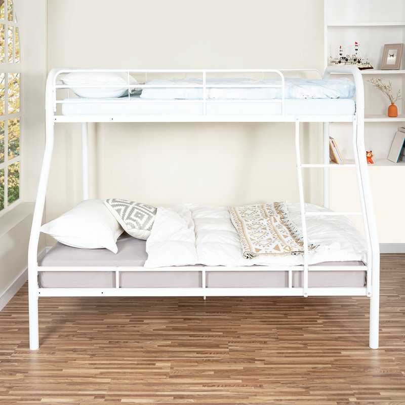  Twin Over Full Size Metal Bunk Bed with Ladder and Safety Guardrails, Heavy Duty for Kids & Teens, 300 lbs Capacity, White