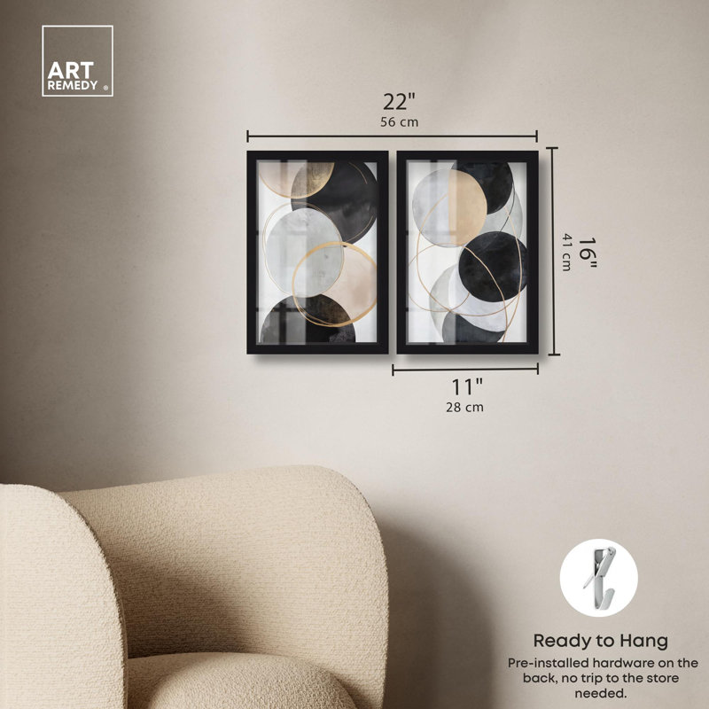 Ensemble de 2 panneaux dorés Boho Art , Noir, H 16 po x l 11 po