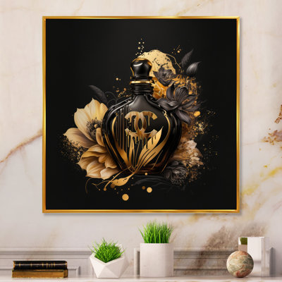 Chic bouteille de parfum noire et dorée - Art mural tendance