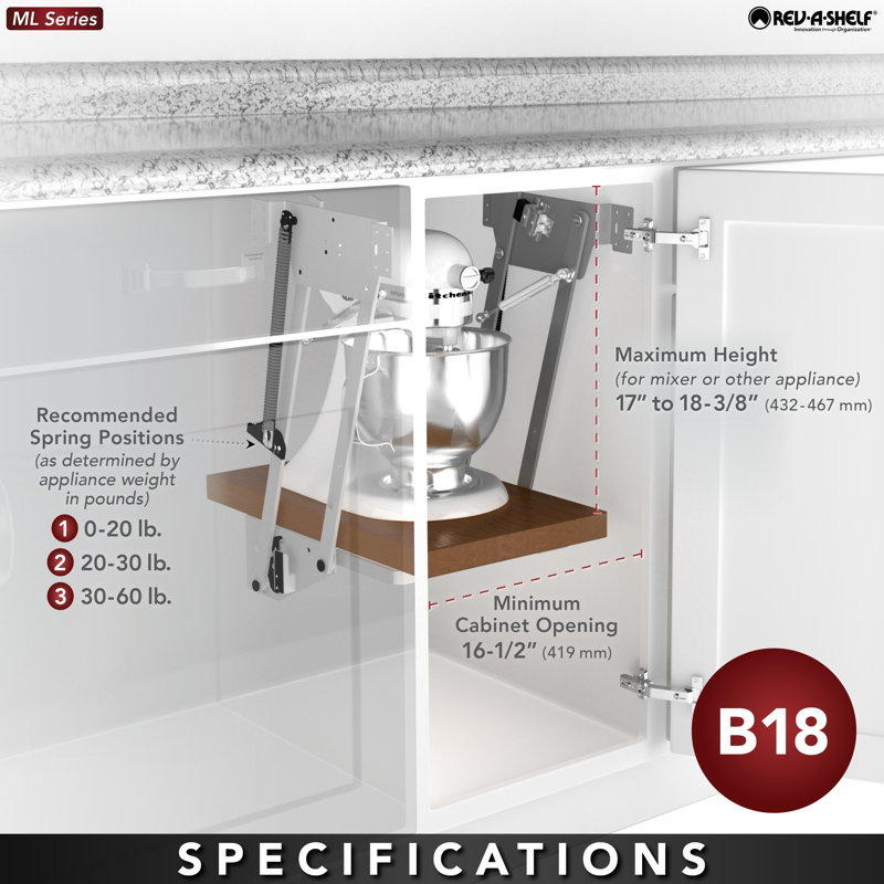 Rev-A-Shelf Mixer/Appliance Lifting System with Shelf Included for Base Cabinets, Brown, 18.69" H x 13.25W x 20" D