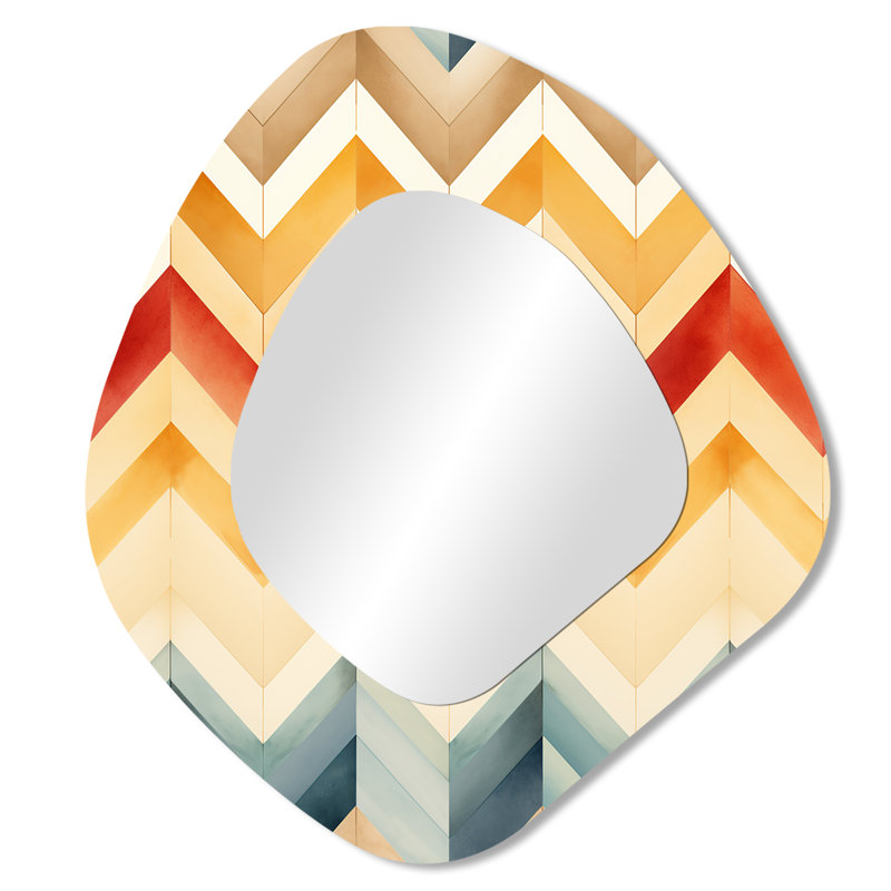 Vintage Boho Ivory Chevron - Chevron Unique Shape Decorative Mirror, Glam Asymmetrical Large Wall Mirror, Printed Metal Art