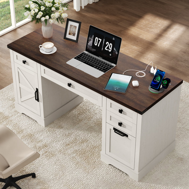  Bureau d'ordinateur de 58 po de largeur avec cabinet de rangement et tiroirs, bureau de ferme à la maison, bureau de direction en bois avec station de charge