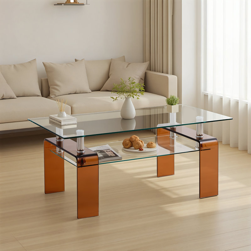 Tempered Glass Modern 2-Tier Coffee Table with Storage Shelf | Space-Saving Center Table for Living Room & Small Spaces
