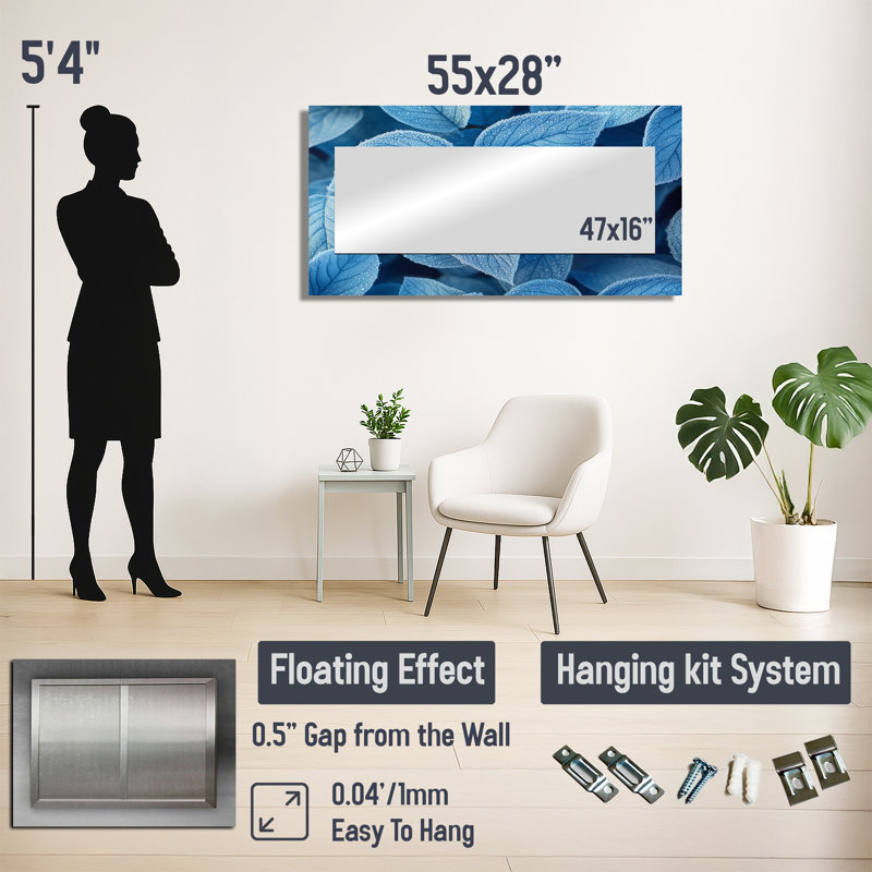 Frost Blue Leaves Tranquility II - art mural miroir floral - imprimé sur métal, 28 po x 55 po
