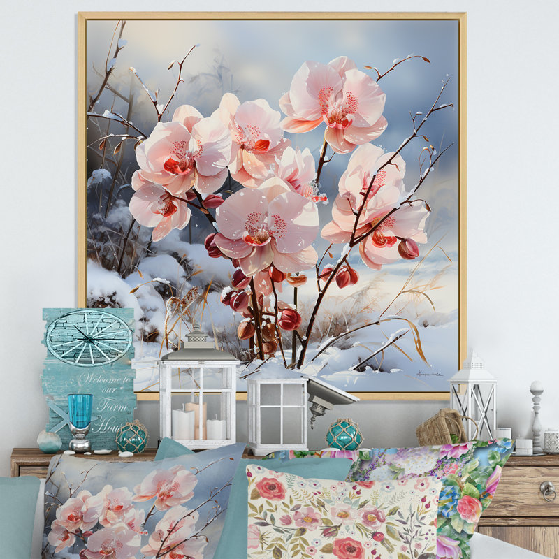 Charme d'orchidées roses en hiver, Cadre naturel flottant, H 30 po x l 30 po x P 1 po
