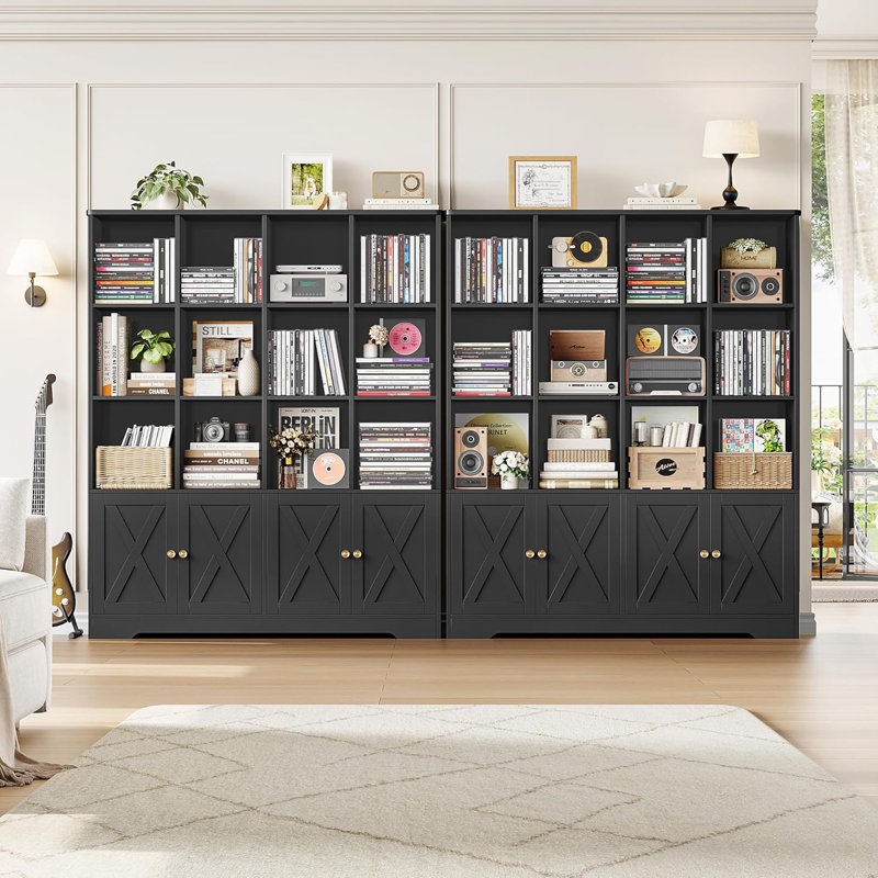 Black Bookshelf and Bookcase, Double Wide Bookshelf with 4 Doors, 47.6" W Kids Bookshelf with Storage, Large Open Bookshelf Kids Book Shelf for Home Office