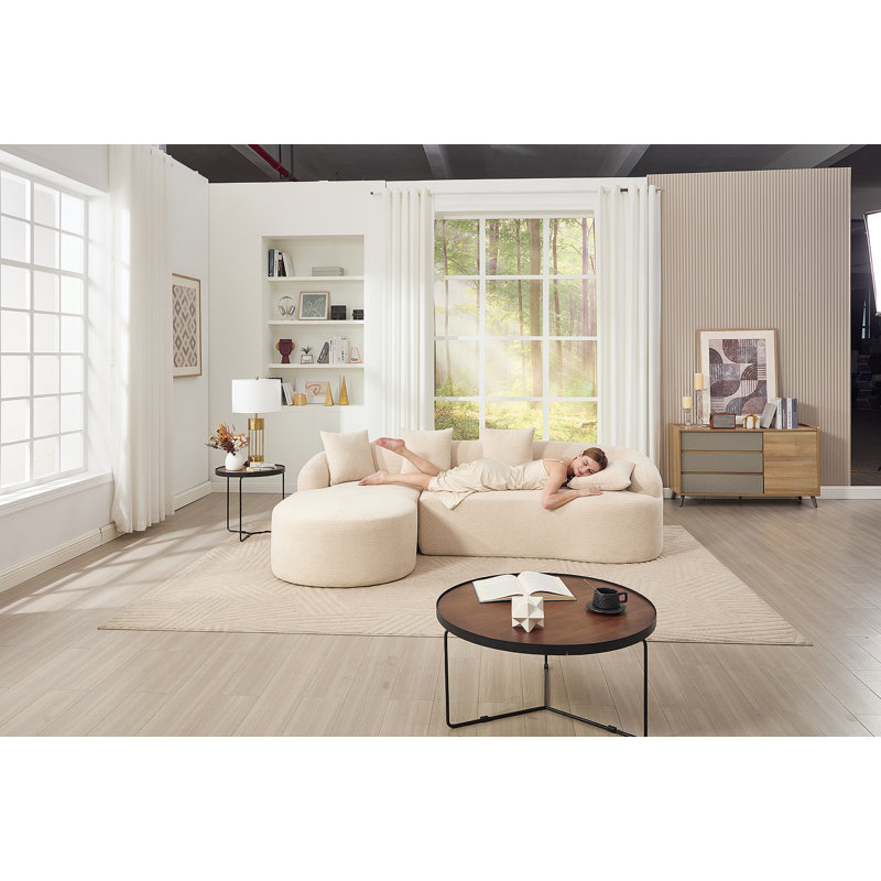 Canapé modulaire en forme de L Boneless avec méridienne incurvée, canapé modulaire en chenille beige blanc, mousse à haute densité 30D, canapé-lit modulaire minimaliste pour le salon.