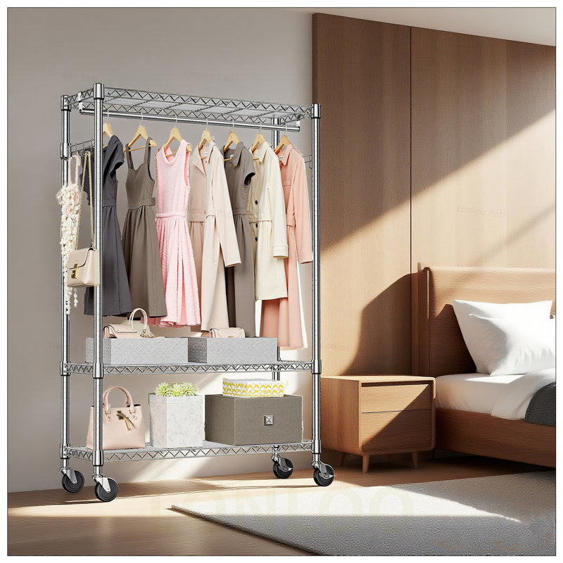 Heavy Duty Garment Rack on Wheels with Adjustable Metal Wardrobe, Ideal for Organizing and Maximizing Closet Space, Silver
