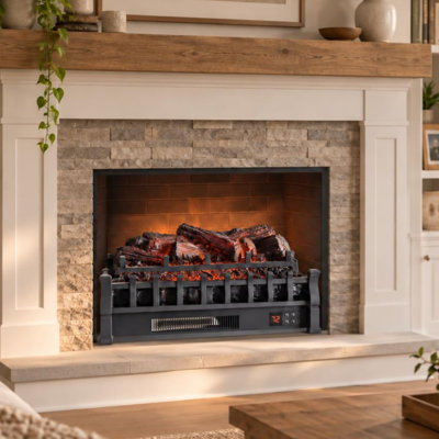 Foyer électrique encastré de 76 cm (30 po) avec bûches artificielles, flamme DEL réaliste, 1500 W, construction en acier laminé à froid et ABS, noir.