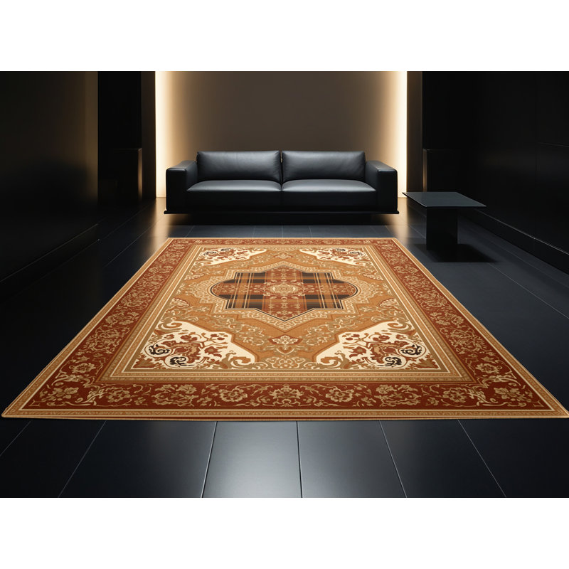Tapis oriental traditionnel lavable à la machine en brun Luray - reliure brun clair, 8x12