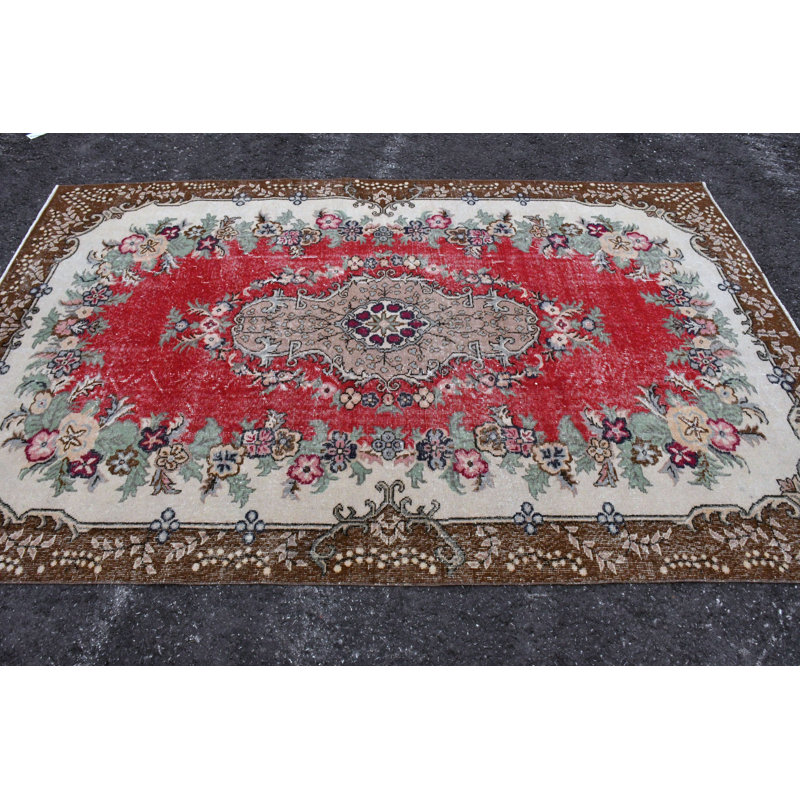 Tapis turc Oushak fabriqué à la main avec motif floral antique - Tapis décoratif rétro brun / rose