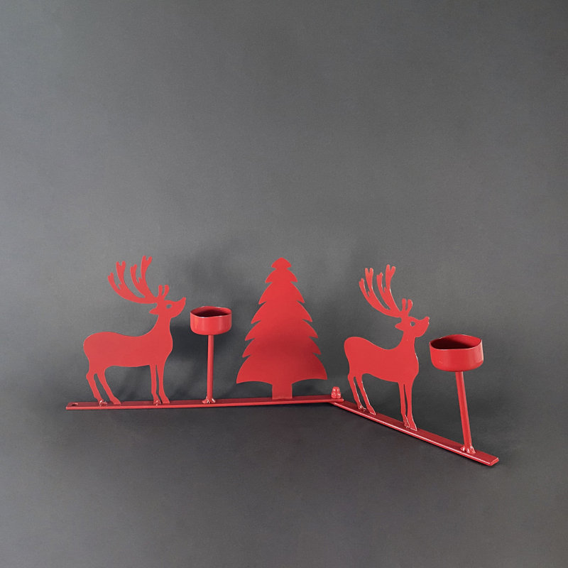 Metal Tabletop / Centrepiece Candlestick, 16cm H x 46cm W x 4.5cm D, Red