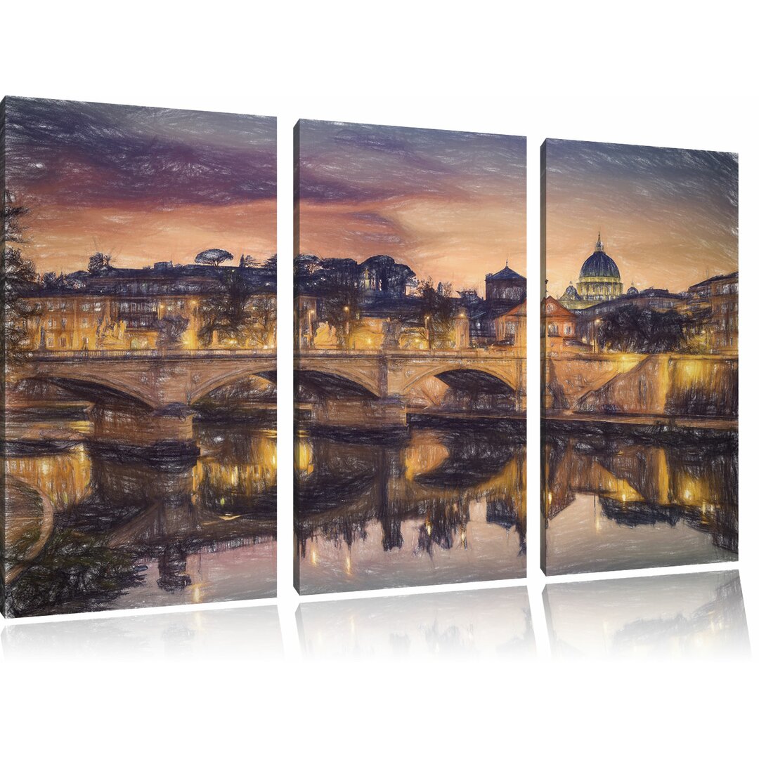 3-tlg. Leinwandbilder-Set „Rom an der Tiber in Richtung Kathedrale St. Peter“, Grafikdruck