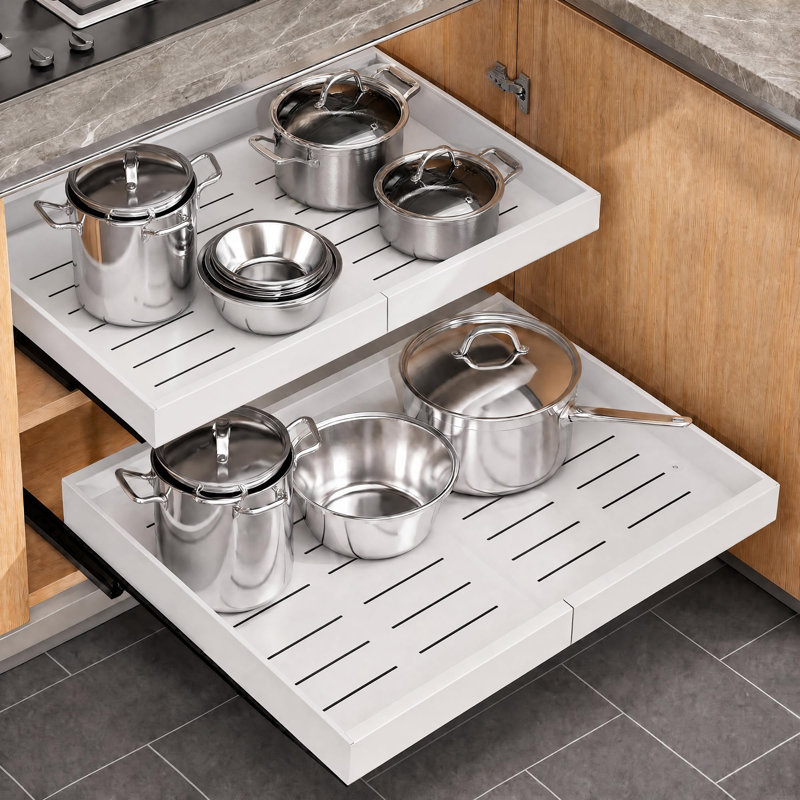 Wide version 2-Pack Pull Out Cabinet Organizers, Expandable 12.2"–18.9" Width, 21" Deep Full Extension Slide Out Shelves, Heavy-Duty Carbon Steel, No-Drill Ultra-Fine Film Installation