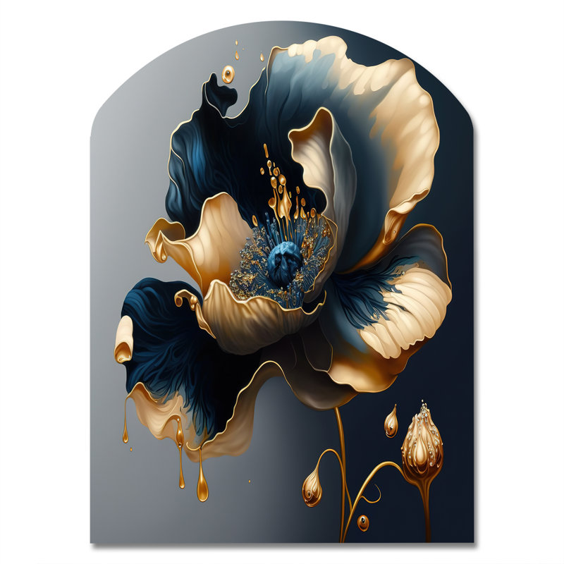Bleu profond et fleur simple II - impression murale asymétrique florale en métal, H 34 po x l 25 po