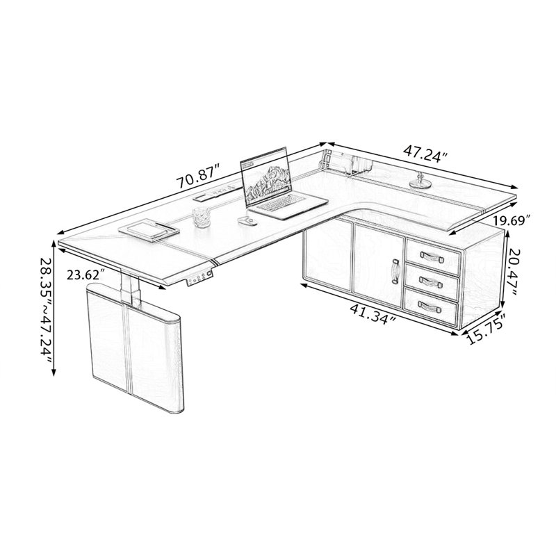 Bureau 3 tiroirs en bois manufacturé et en acier au carbone léger, H 47,24 po x l 70,87 po x P 47,24 po, Café clair