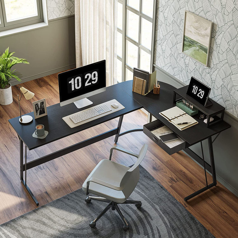 Kalle L-Shaped Metal Base Writing Desk, Black