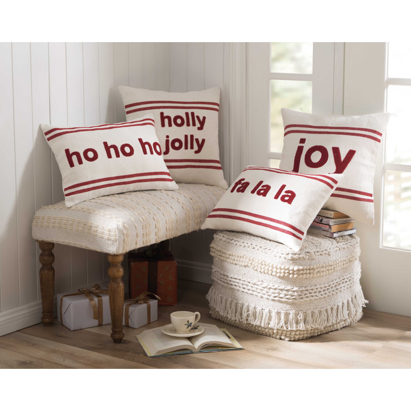 Red Embroidered Cotton Fa La La Throw Pillow
