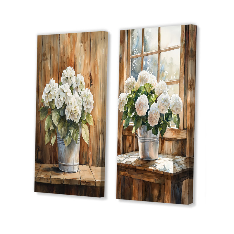 Hortensias sur la table de grange I - Collection d'art mural floral 2 pièces, Toile tendue, H 32 po x l 33 po