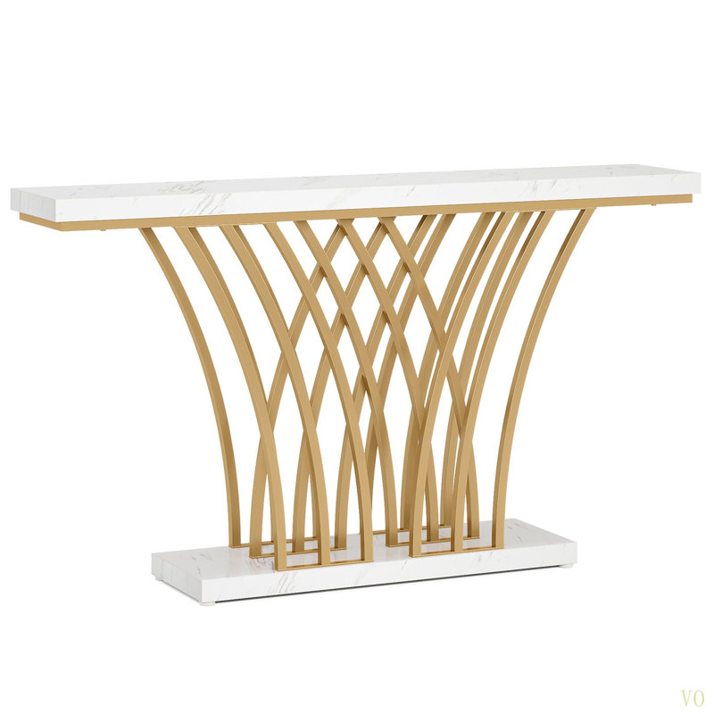 59"  Console Table, Modern Faux Marble Entryway Table With Grid Metal Base, Narrow Accent Sofa Table For Living Room, Hallway, Foyer