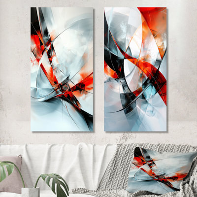 Combat cubique rouge et blanc fractal - ensemble de 2 reproductions d'art géométriques murales en métal