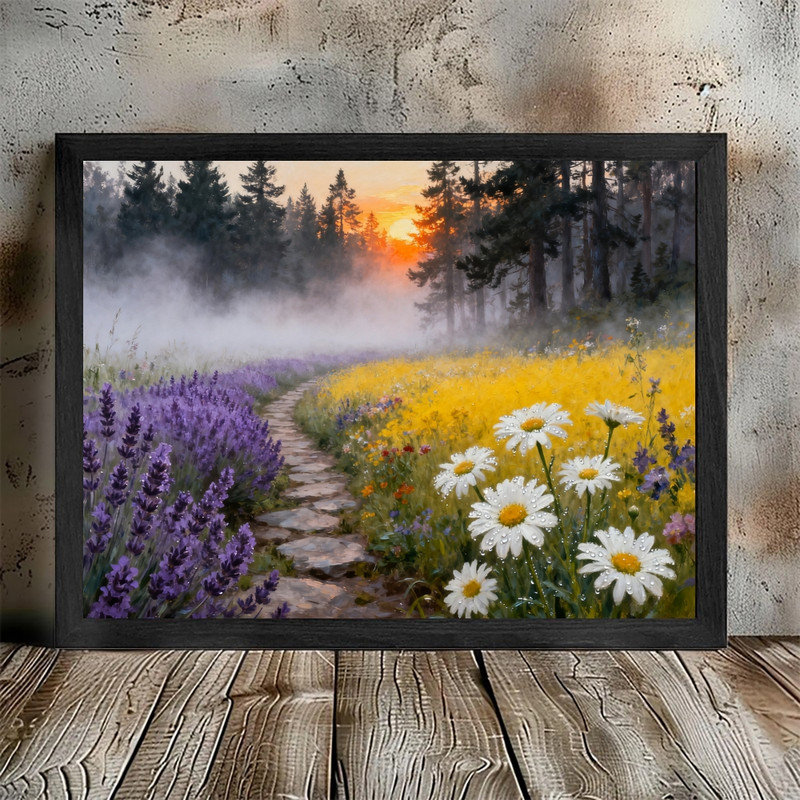 Art encadré noir, sentier floral coucher de soleil, impression de paysage brumeux impressionniste, H 25 po x l 37 po