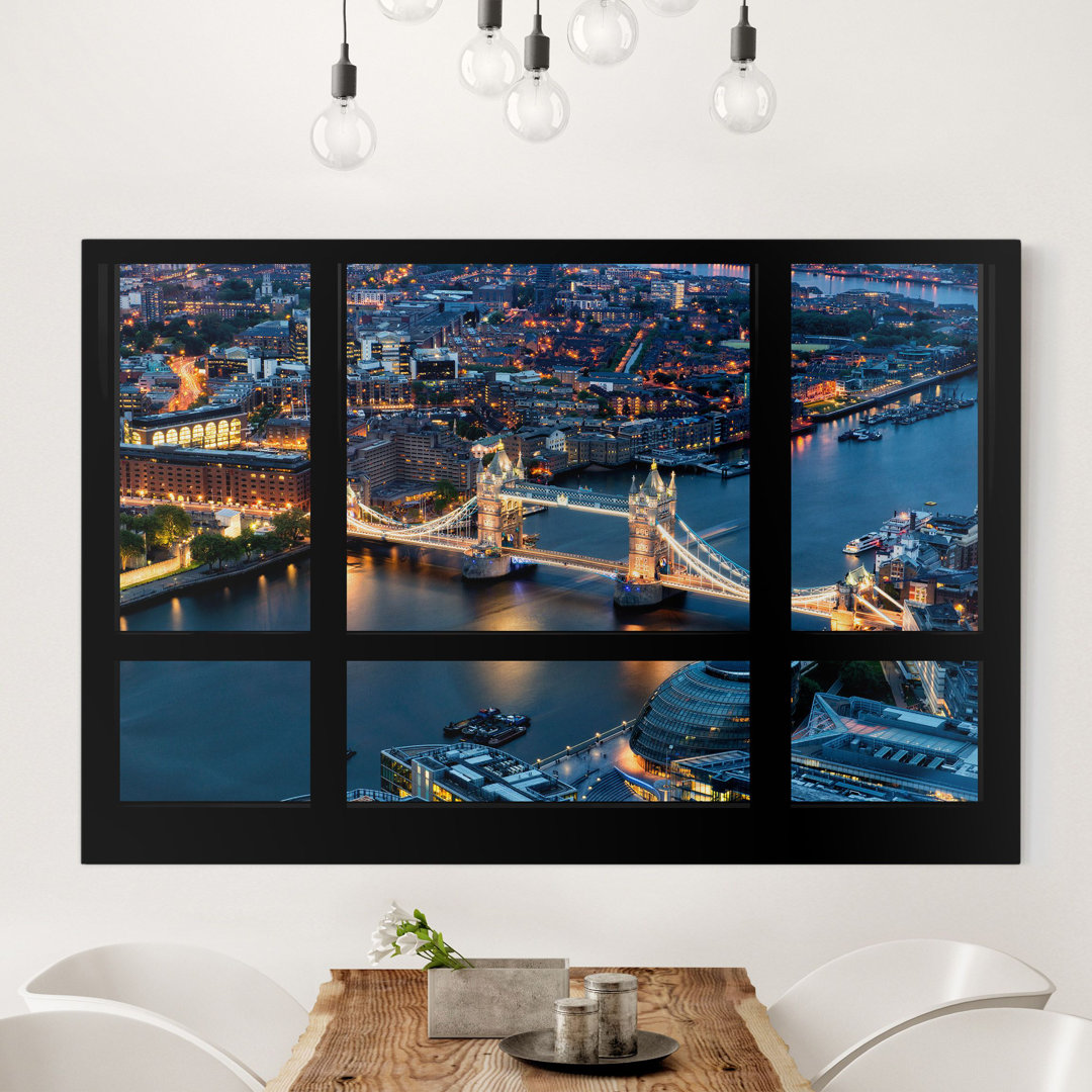 Leinwandbild Fensterausblick auf Tower Bridge bei Nacht