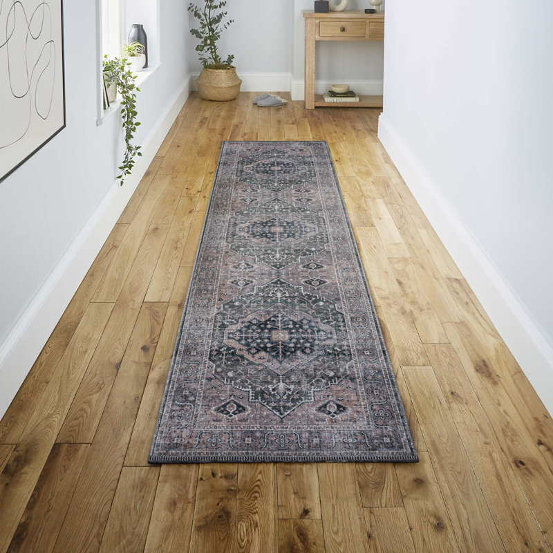 Alacati Ogee Medallion Machine-Washable Dark Green/Dark Beige Rug, Runner 2' x 8'