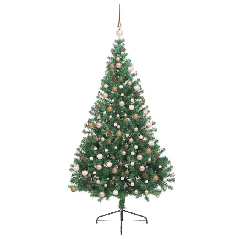 6.89' H Lighted Artificial Christmas Tree, 210 cm, with 120 Rose Gold Balls, Green