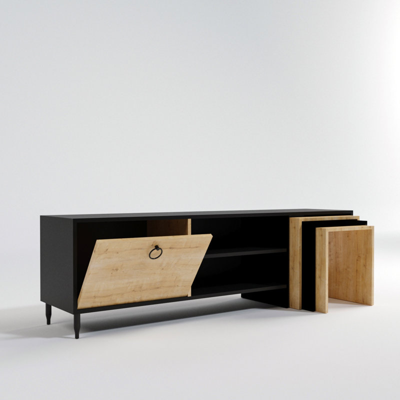 Meuble télé moderne avec capacité de fixation murale, noir et chêne, 70,9 po x 21,7 po x 15,7 po | 100% panneau de particules enduit de mélamine, épaisseur: 0,7 pouce | 3 tables gigognes et plusieurs tablettes pour des solutions de rangement élégantes
