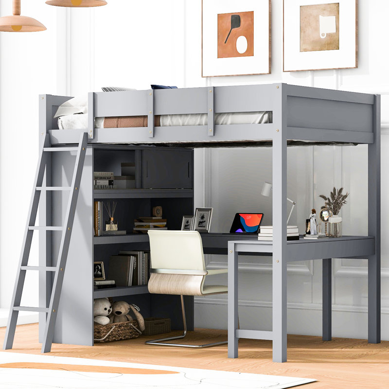 Lit mezzanine double avec bureau et tablette - Gris: polyvalent pour différents styles de chambre à coucher en bois massif