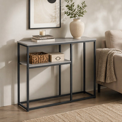 Table d'appoint, console, vestibule, étroit, canapé, salon, chambre à coucher, stratifié gris, métal noir, contemporain, moderne