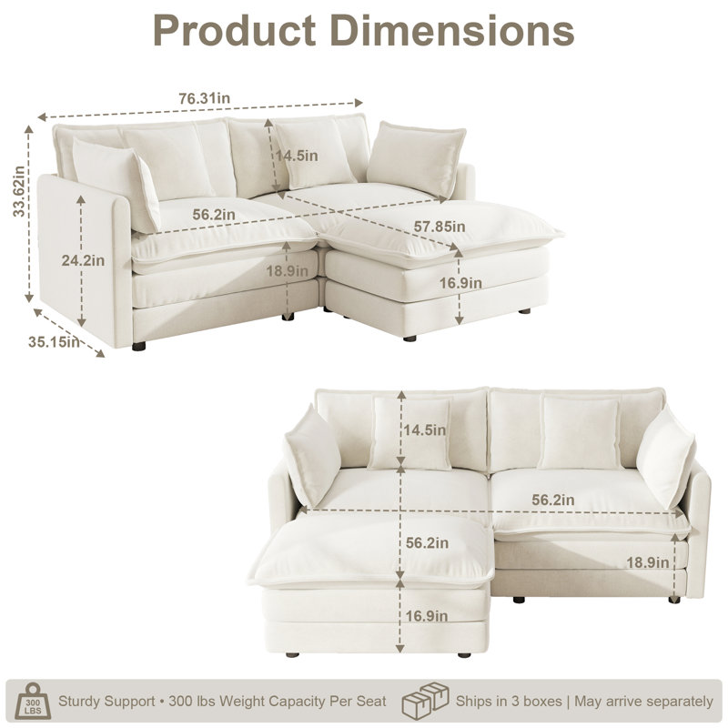 Canapé modulaire en L avec repose-pieds Chenille - causeuse modulaire pour petits salons, Blanc
