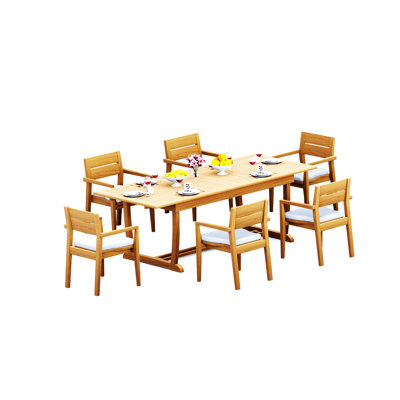 7 Pcs Grade-A Teak Wood Dining Set: 94" Double Extension Mas Rectangle Trestle Leg  Table And Vellore Stacking Arm Chairs #11VL2106