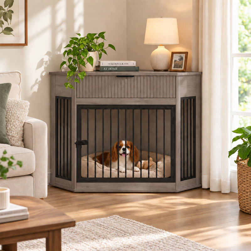 Meuble de coin pour cage de chien en MDF de 44,6 pouces avec tiroir de rangement cannelé pour chiens de petite et moyenne taille