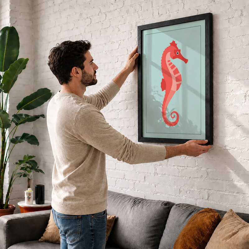 Coral Seahorse Coastal - Framed Print, Oak, A3 - 42.0 x 29.7 cm