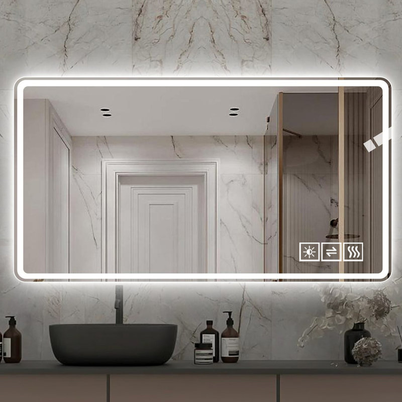 Miroir de salle de bain à DEL pour salle de bain: brouillard, 3 lumières changeantes de couleur, 5 niveaux de luminosité, fixation murale, miroir incassable et fixation, coffre-fort, verre transparent, design