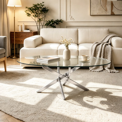 Table basse ovale en verre de 99 cm (39 po), plateau en verre trempé et pieds croisés en acier inoxydable, table d'appoint pour salon et bureau à domicile