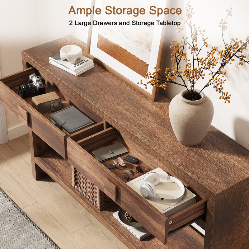Wood Console Table With 2 Drawers, Sofa Table For Hallway, Entryway, Living Room, Brown, 31.5" H x 55.13" W x 11.9" D