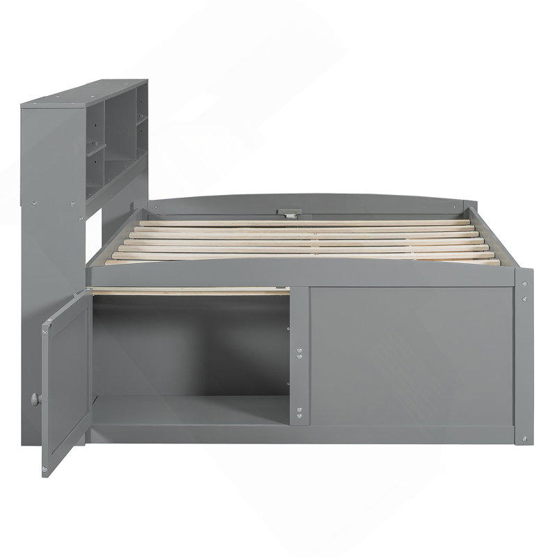 Lit de jour en bois avec 2 armoires de chevet, tablettes supérieures et 4 tiroirs, Gris
