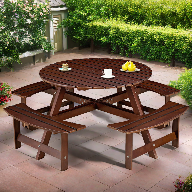 Ensemble repas pour 8 personnes avec 4 bancs intégrés et trou pour parasol Karabella, Brun