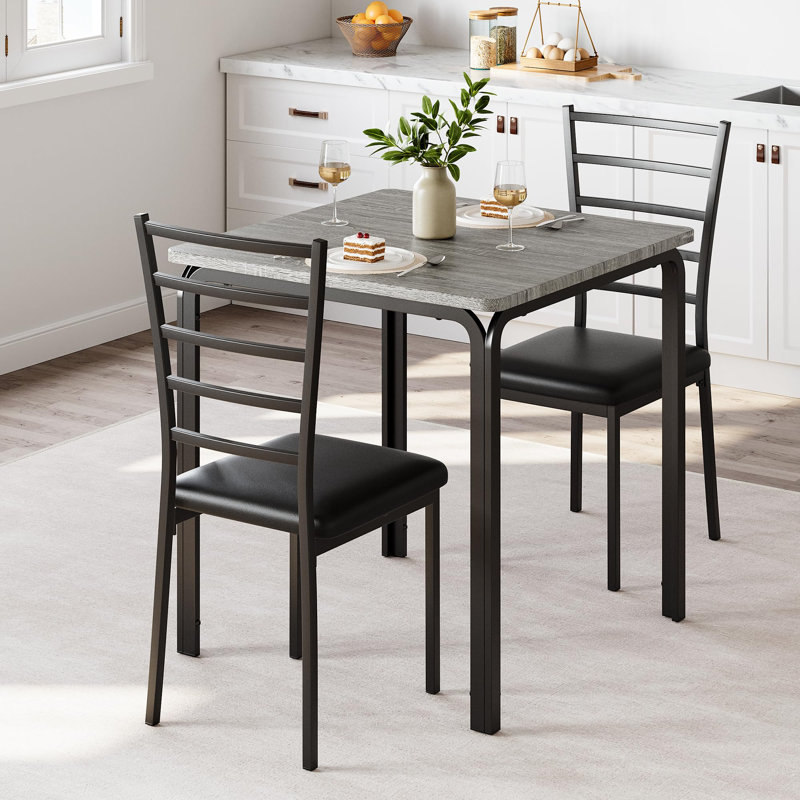 Modern 3-Piece Dining Table Set for 2 – Space-Saving Square Table with 2 Upholstered Chairs, Metal Frame, Ideal for Apartments & Small Spaces – Sturdy MDF Tabletop – MDF tabletop