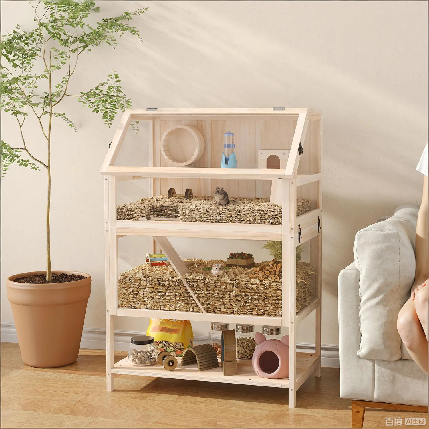 Tucker Murphy Pet™ 3-tier Natural Wood Hamster Cage With Acrylic Front ...